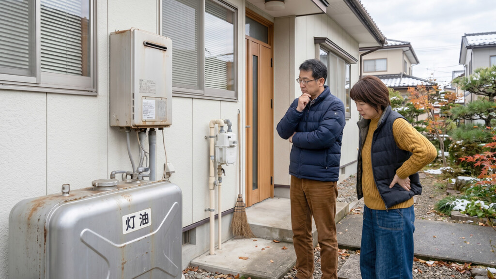 石油給湯器まわりを見ながらエコキュートへの切り替えを考えているイメージ