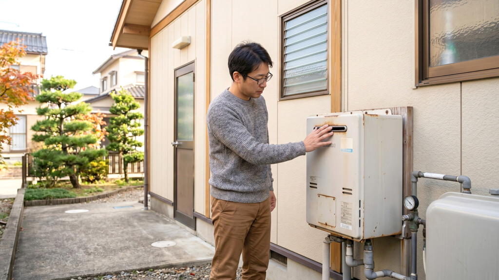 小松市で今の給湯器の種類を確認しながらエコキュート交換を考えているイメージ
