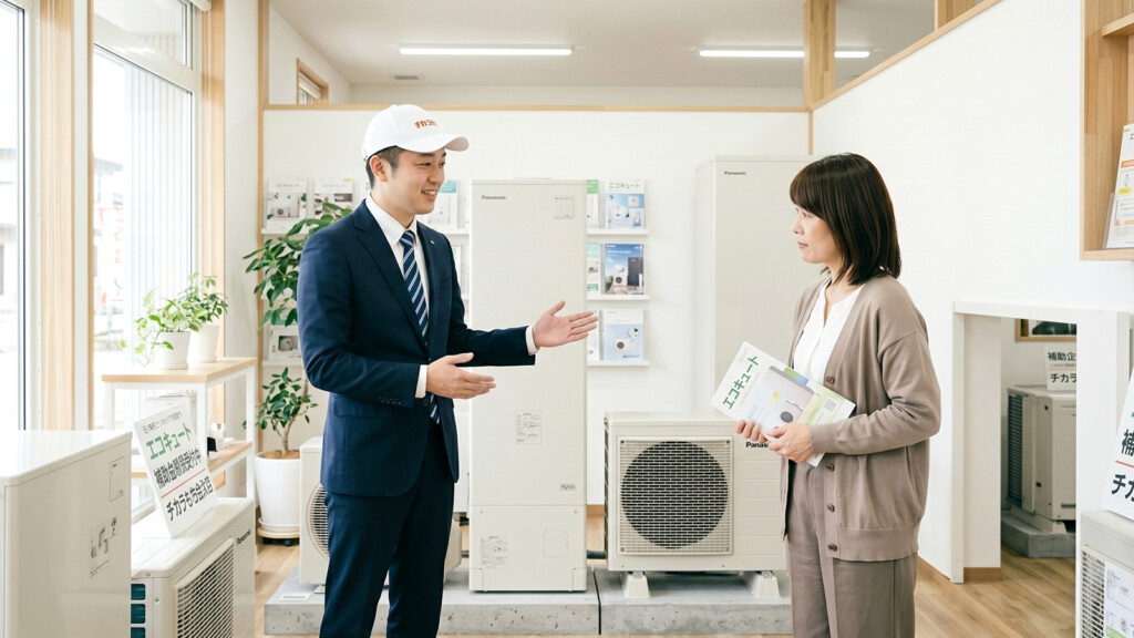 石川県でエコキュートの展示機を比較しながら説明を受けるイメージ