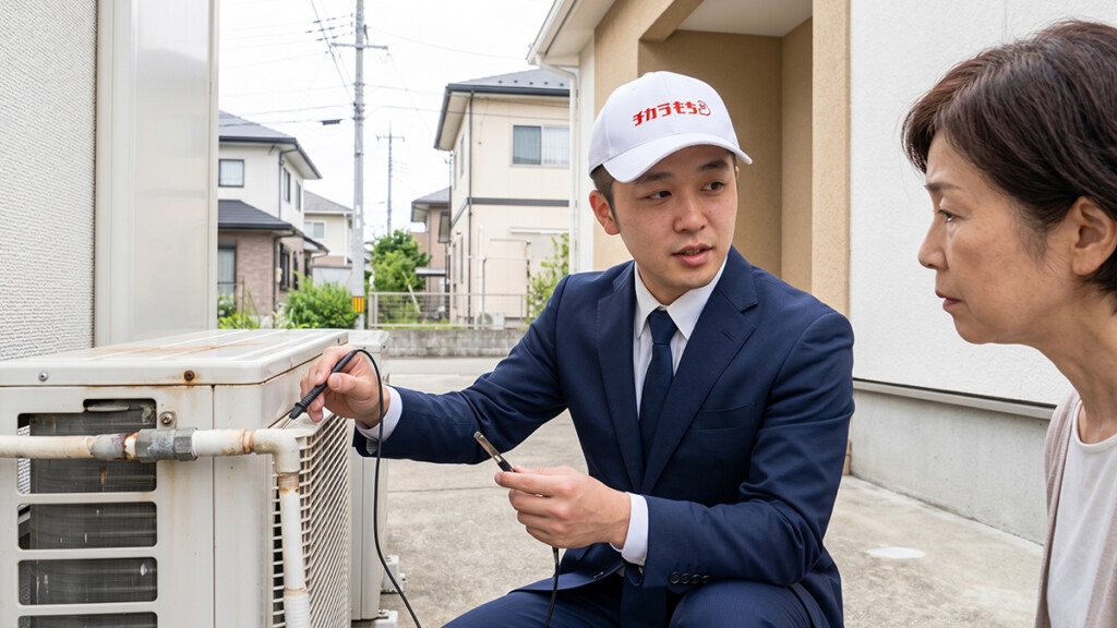 エコキュートの修理か交換かを現場で確認しているスタッフとお客様のイメージ