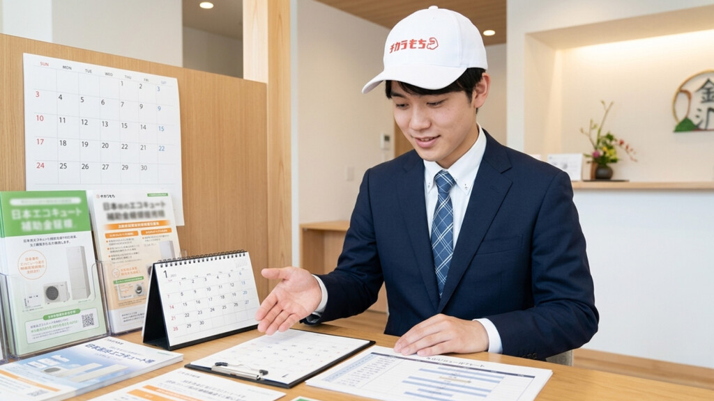 金沢市でエコキュート補助金の相談タイミングを説明しているスタッフとお客様のイメージ