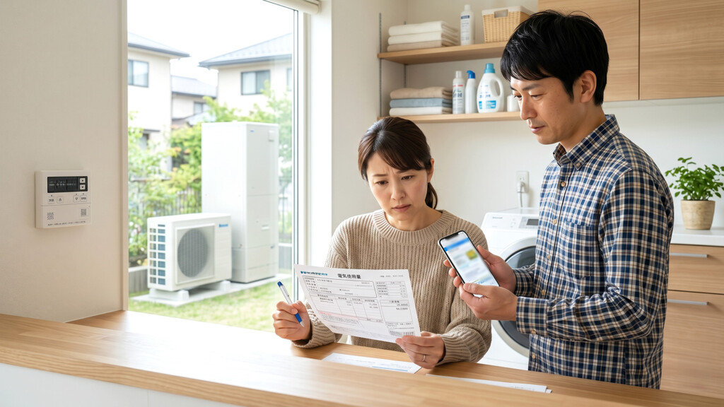 野々市市で電気温水器からエコキュートへの交換を考えながら電気代を確認しているイメージ