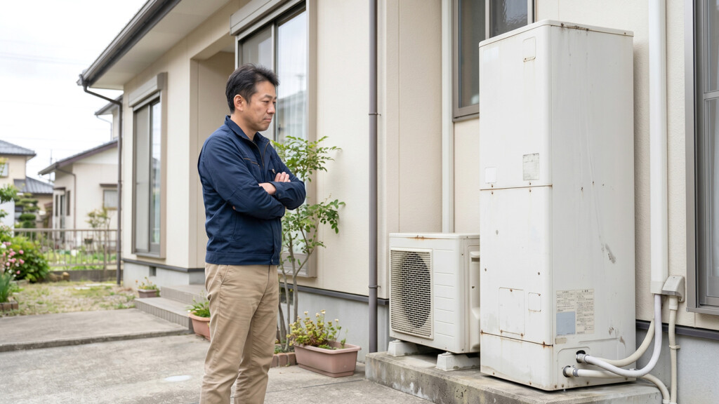 古いエコキュートをこのまま使うか交換するか考えているイメージ
