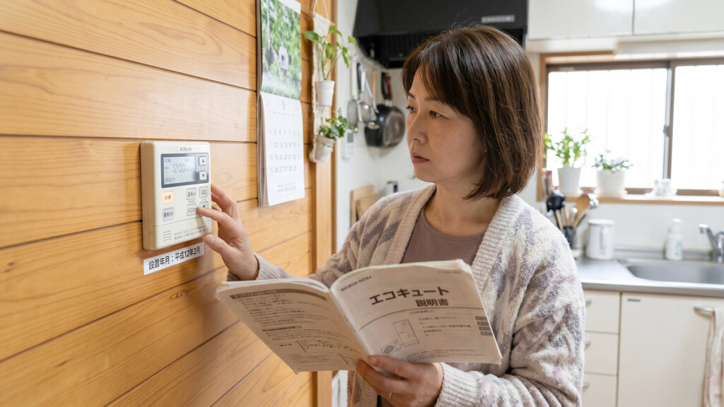エコキュートの寿命や交換時期が気になり室内でリモコンを確認しているイメージ