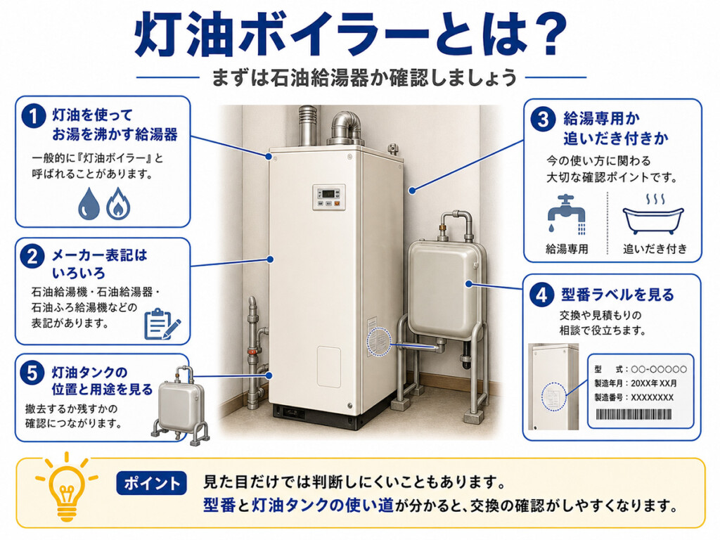 灯油ボイラーと石油給湯器の呼び方や確認ポイントを整理した図解