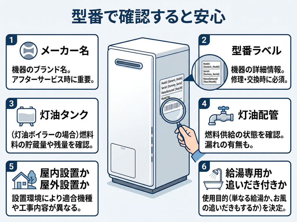 家の中にある縦長のボイラーを型番で確認するポイントを整理した図解
