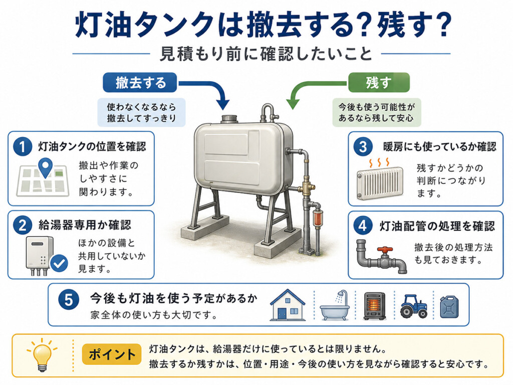 灯油タンクを撤去するか残すか見積もり前に確認したいポイントを整理した図解