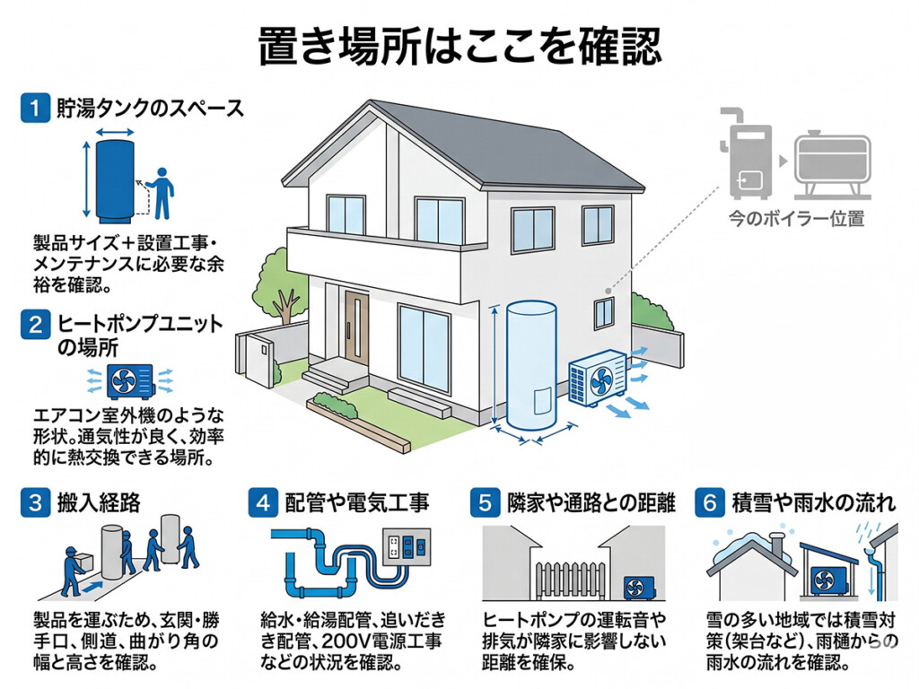 灯油ボイラーからエコキュートへ替える時の置き場所確認ポイントを整理した図解