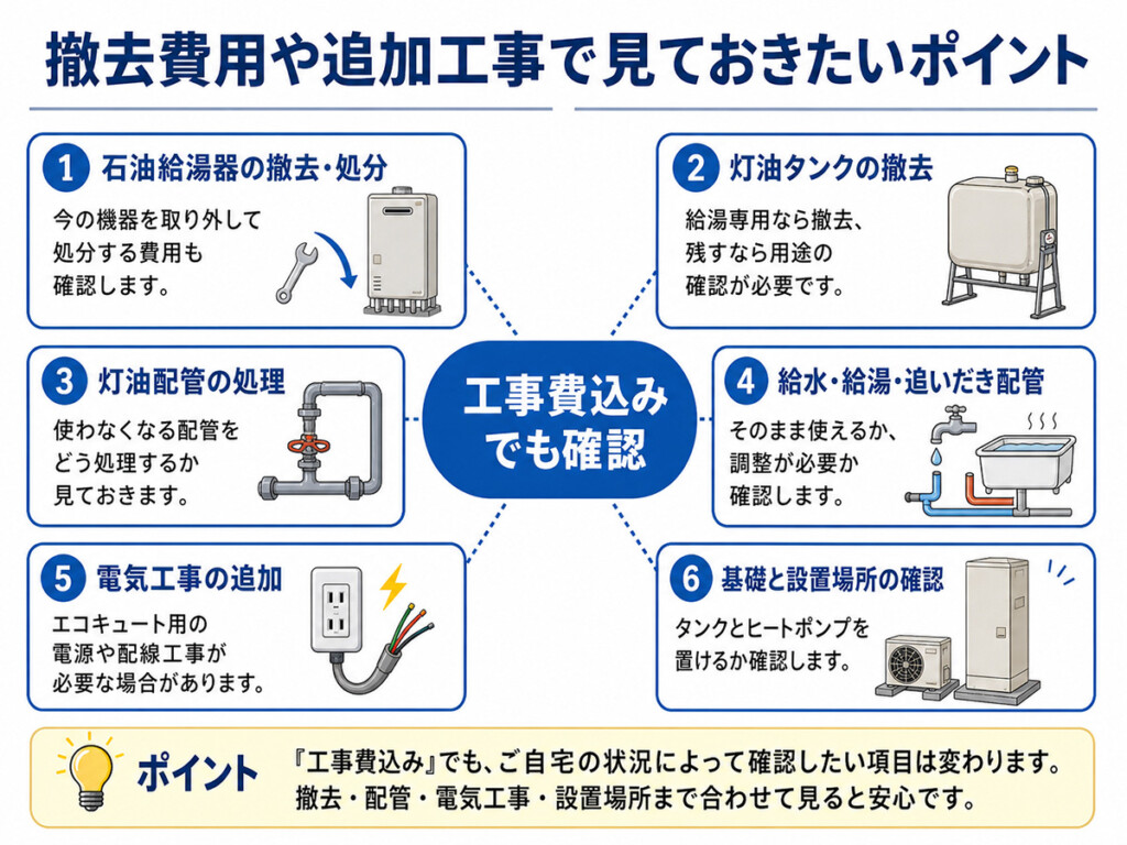 灯油ボイラーからエコキュートへ交換する時の撤去費用や追加工事の確認ポイントを整理した図解