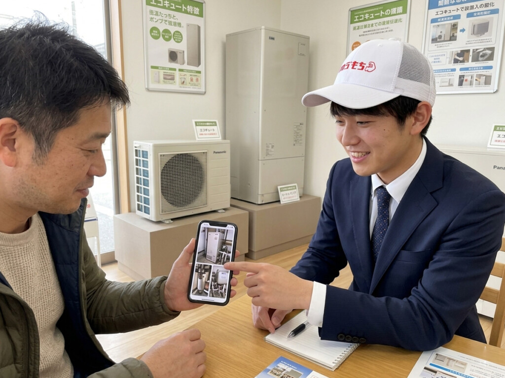 灯油ボイラーからエコキュートへの交換相談前にスタッフと型番や灯油タンクの写真を確認しているイメージ