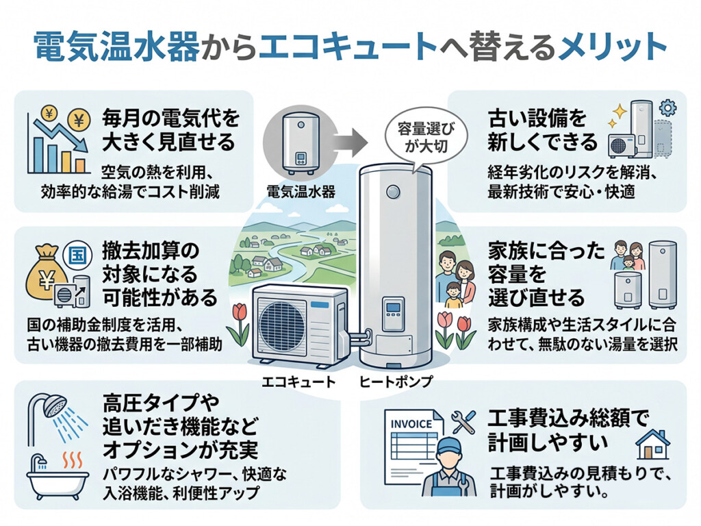 電気温水器からエコキュートへ替えるメリットを整理した図解