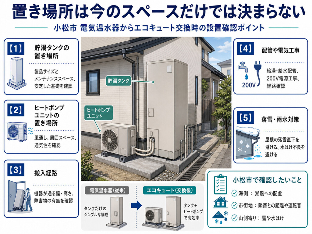 小松市で電気温水器からエコキュートへ交換する時の設置場所確認ポイントを整理した図解