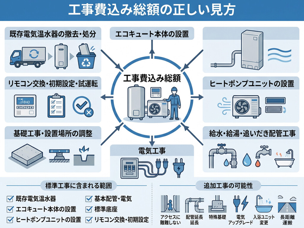 電気温水器からエコキュートへ交換する時の工事費込み総額の見方を整理した図解