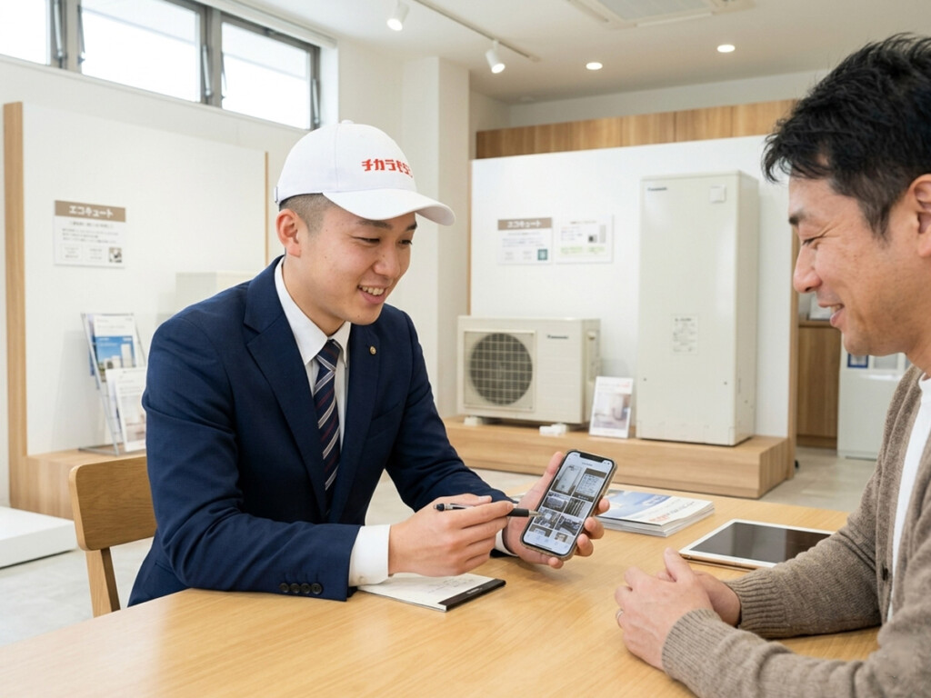 スタッフがお客様と電気温水器からエコキュートへの交換相談をしているイメージ