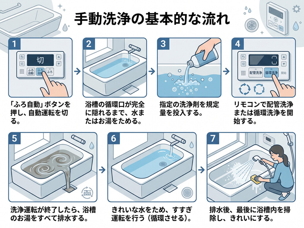 エコキュートの手動配管洗浄の基本的な流れを整理した図解
