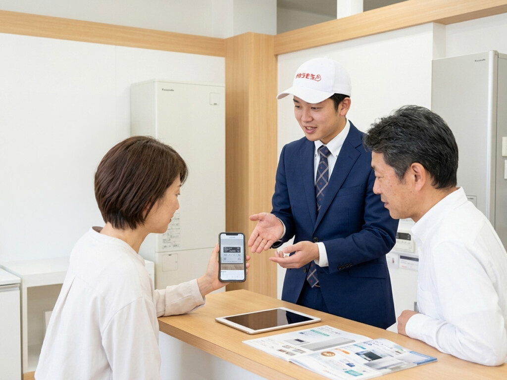 スタッフがお客様とエコキュートの配管洗浄や交換について相談しているイメージ