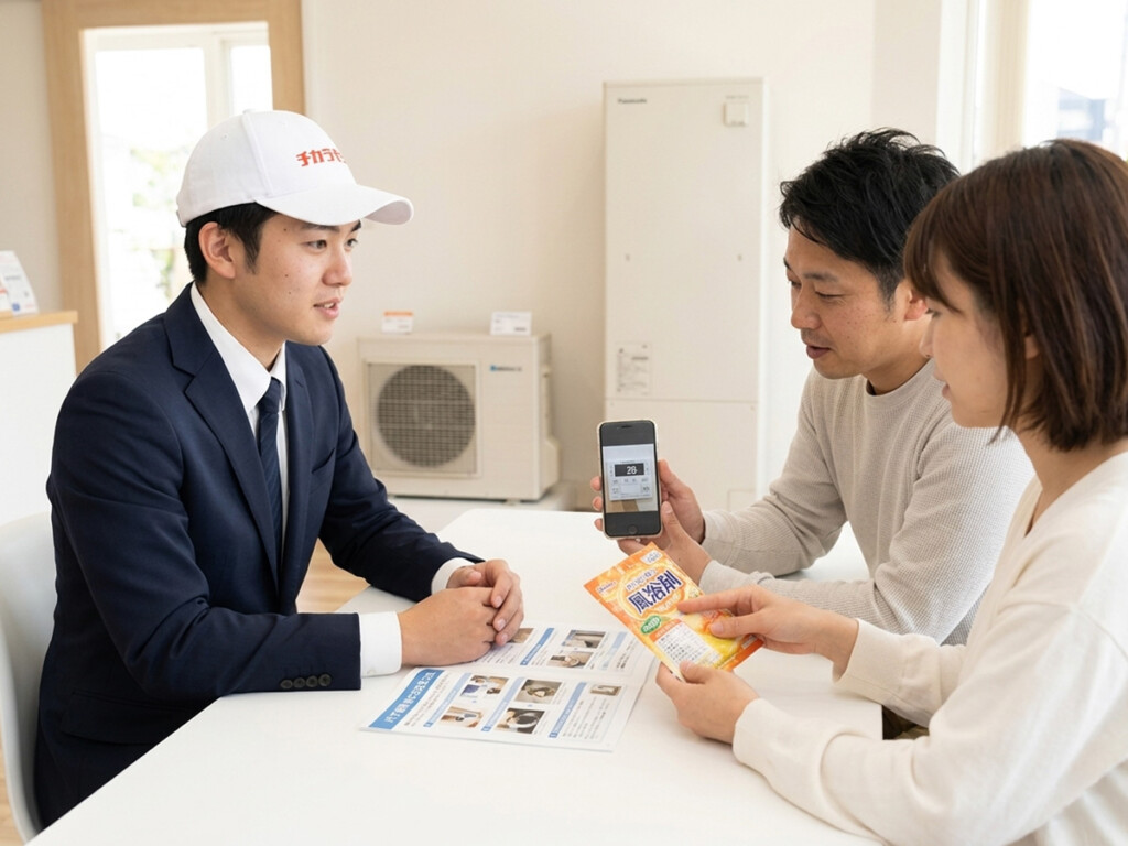 スタッフがお客様とエコキュートで使える入浴剤や配管洗浄について相談しているイメージ