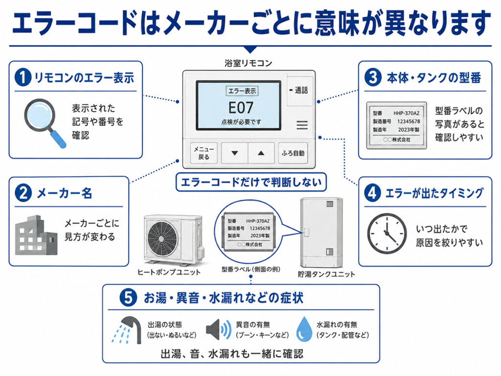 エコキュートのエラーコード確認時に必要なメーカー名や型番などを整理した図解