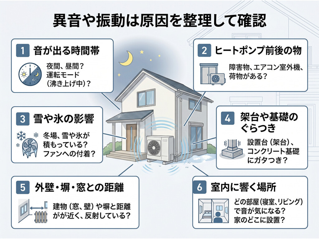 エコキュートの異音や振動で確認したい設置場所や架台などのポイントを整理した図解