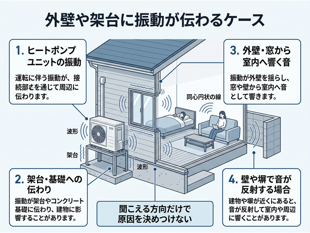 エコキュートの振動が外壁や架台を通じて室内へ響くケースを説明した図解