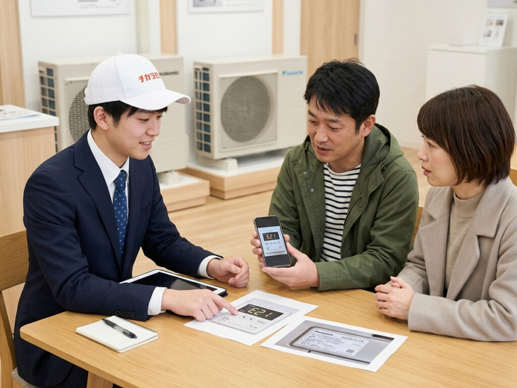 スタッフがお客様とエコキュートのエラー表示や異音について相談しているイメージ