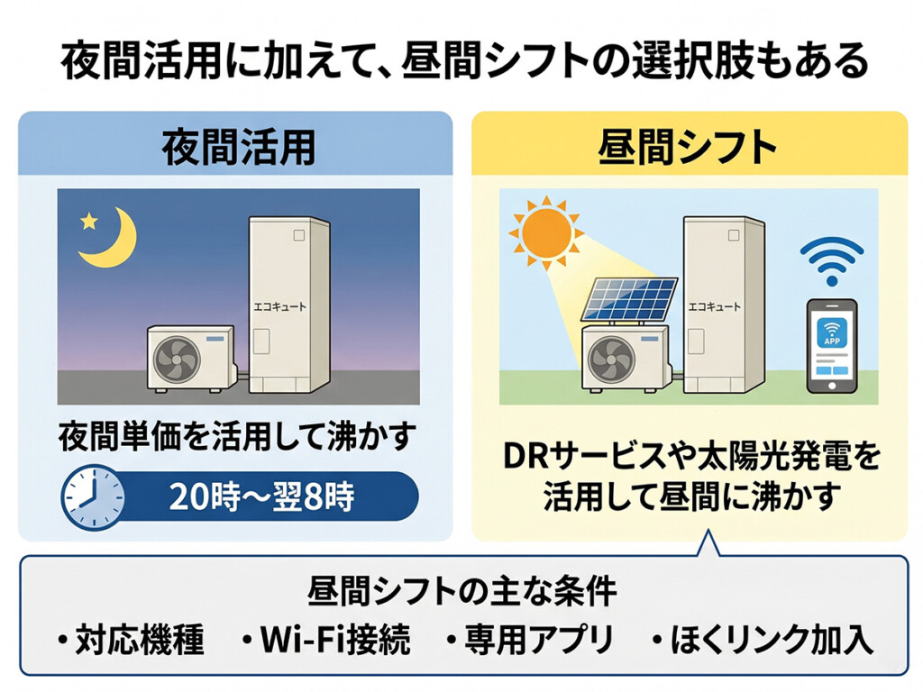 夜間活用と昼間シフトの違いを整理したecoシフトチェンジとDRサービスの図解