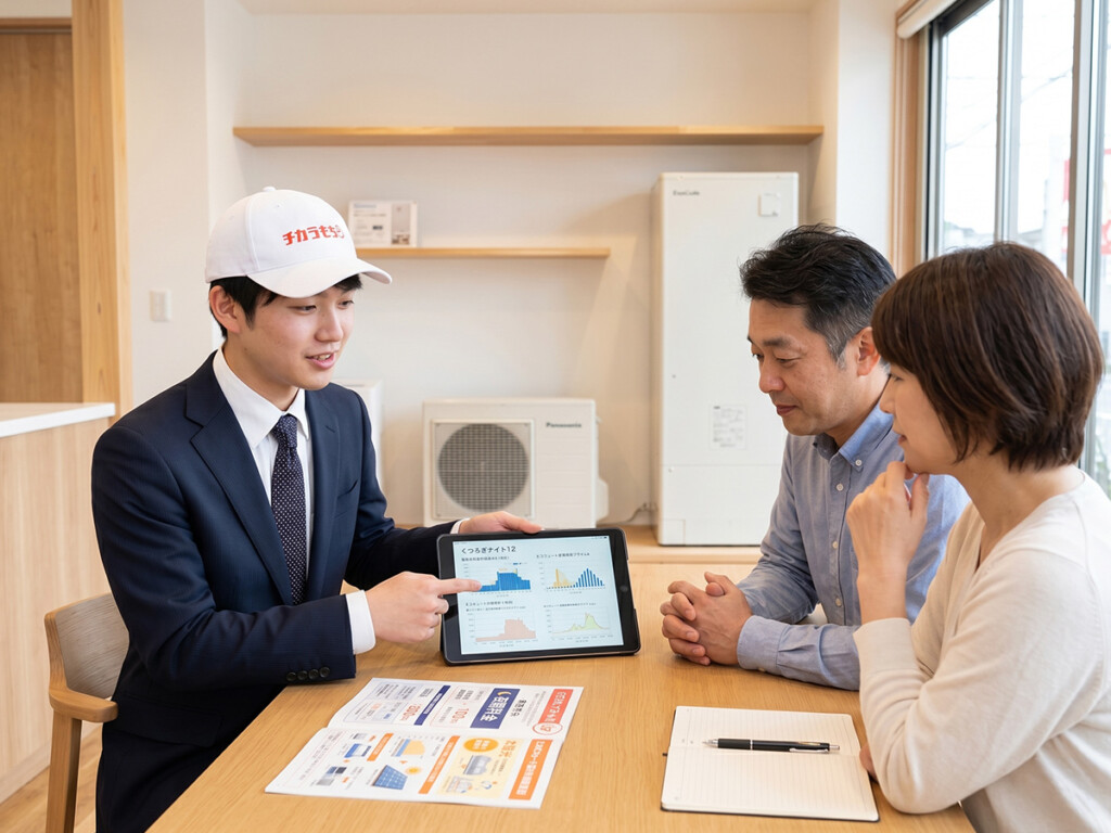 スタッフがお客様にくつろぎナイト12とエコキュートの使い方を説明している相談シーン