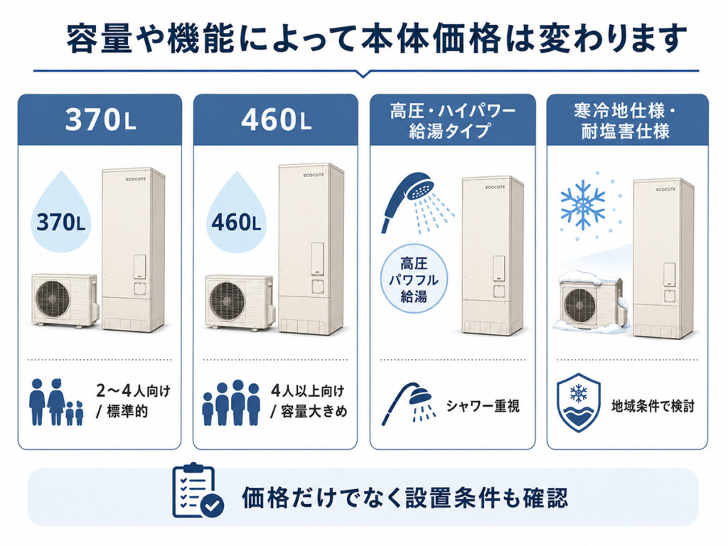 エコキュートの容量や機能によって本体価格が変わることを説明した図解