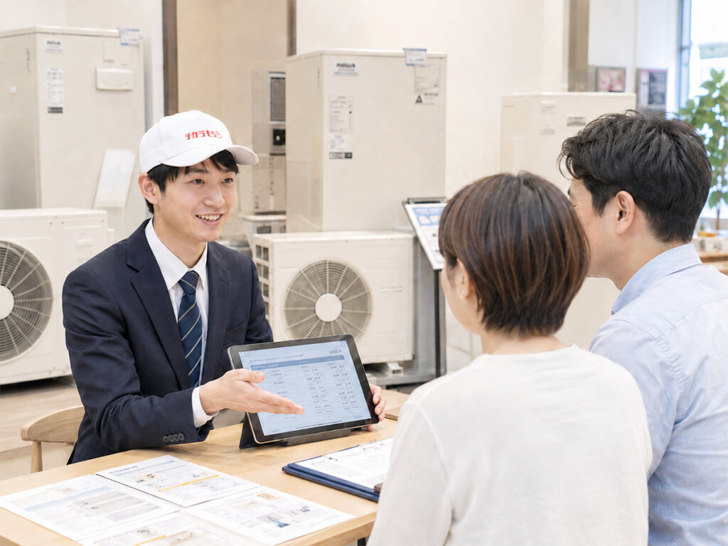 チカラもち金沢店のスタッフがお客様にエコキュート交換費用を説明している相談シーン