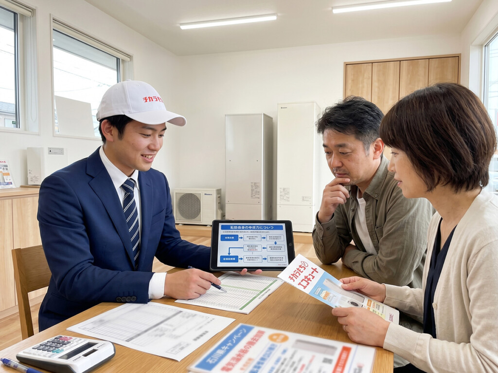 チカラもち金沢店のスタッフがお客様にエコキュート補助金について説明している相談シーン