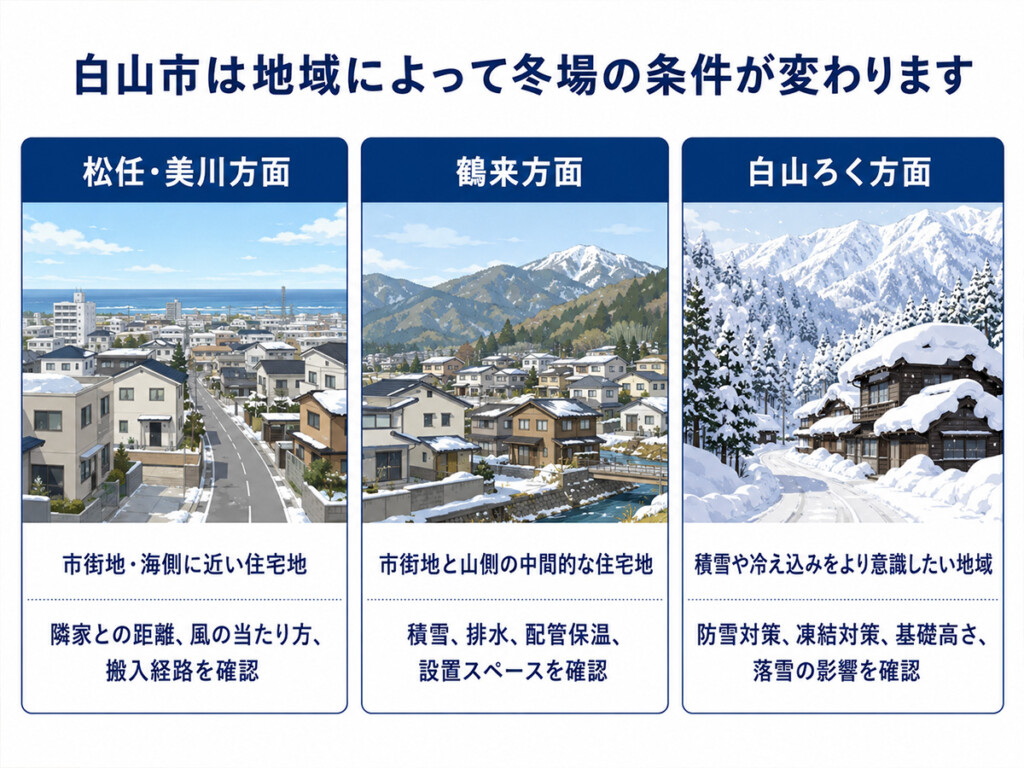 白山市の地域ごとに冬場のエコキュート設置条件が変わることを整理した図解