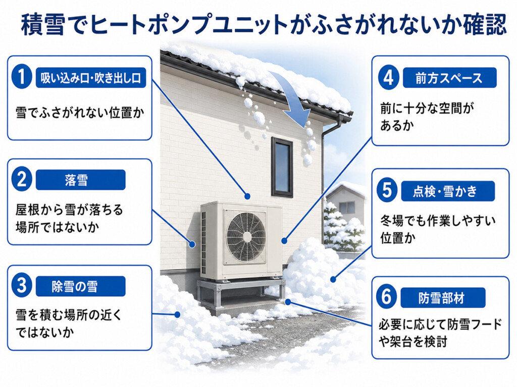 積雪でエコキュートのヒートポンプユニットがふさがれないか確認する図解