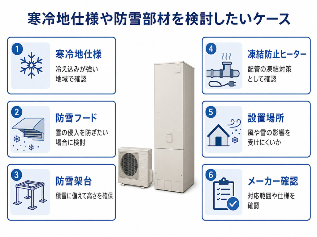 寒冷地仕様や防雪部材を検討したいケースを整理した図解