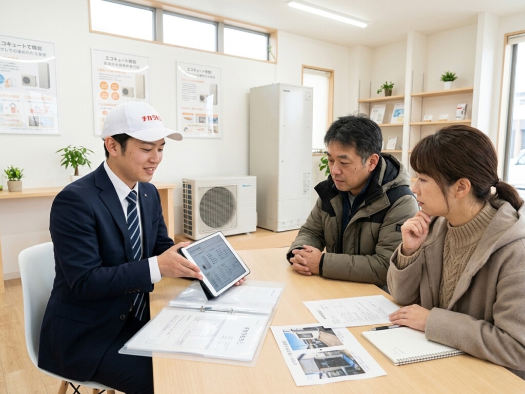 チカラもち金沢店のスタッフがお客様に冬場のエコキュート交換について説明している相談シーン