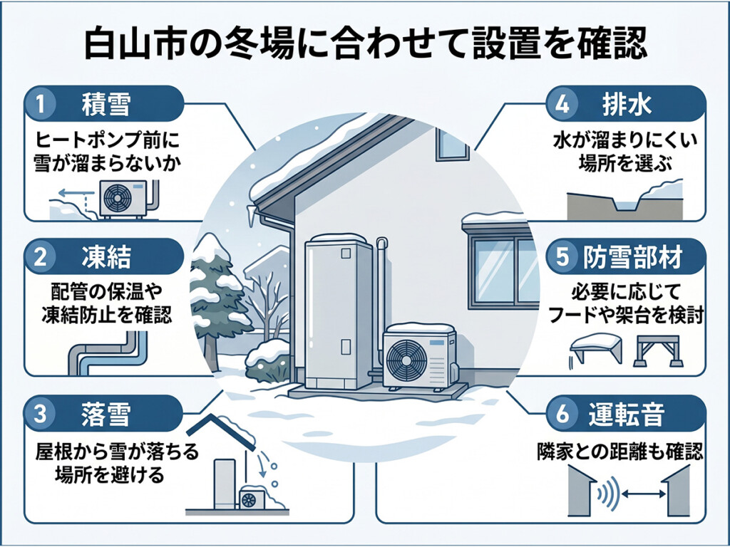 白山市の冬場に合わせたエコキュート設置ポイントを整理した図解