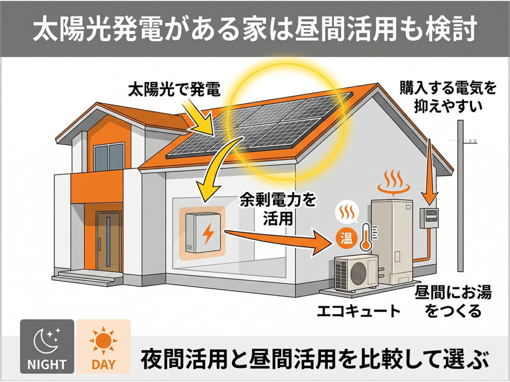 太陽光発電の余剰電力をエコキュートの昼間沸き上げに活用する流れを示した図解