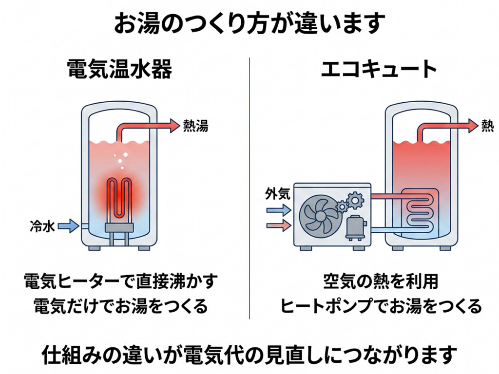 電気温水器とエコキュートのお湯のつくり方の違いを比較した図解