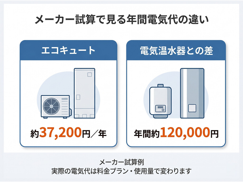 メーカー試算によるエコキュートと電気温水器の年間電気代の違いを示した図解
