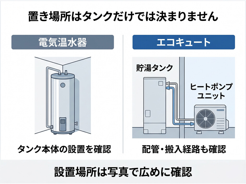 電気温水器からエコキュートへ交換する際にタンクとヒートポンプユニットの置き場所を確認する図解