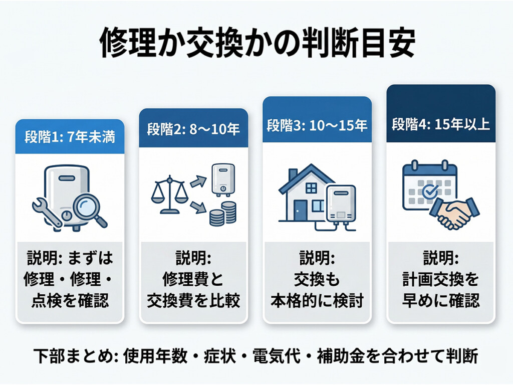 電気温水器の使用年数ごとに修理か交換かの判断目安を整理した図解