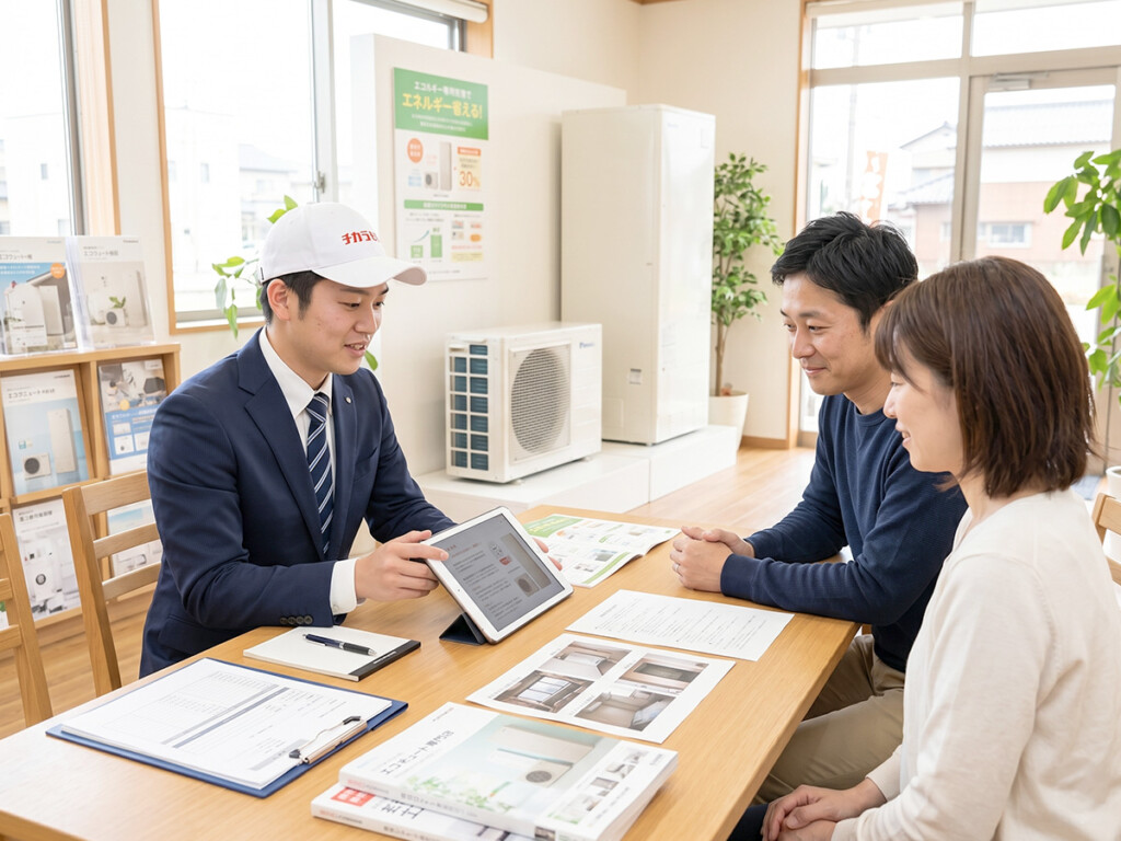 チカラもち金沢店のスタッフがお客様に電気温水器からエコキュートへの交換について説明している相談シーン