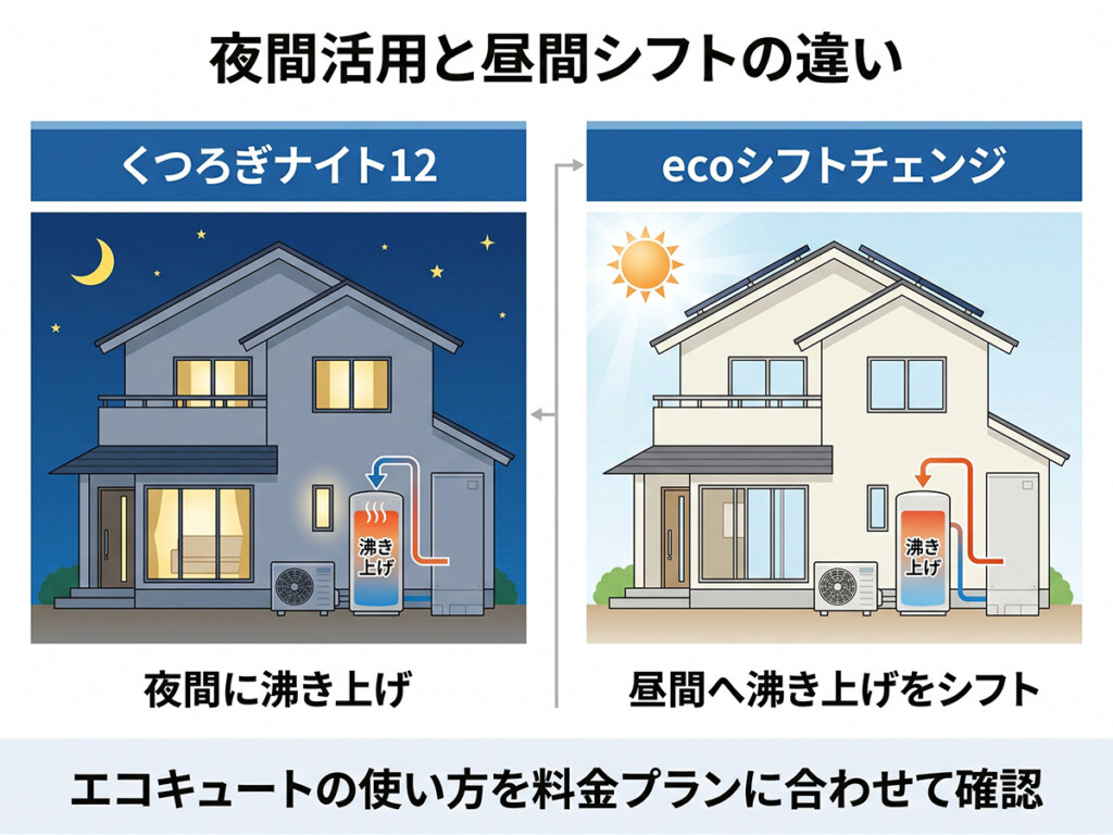くつろぎナイト12の夜間沸き上げとecoシフトチェンジの昼間シフトを比較した図解