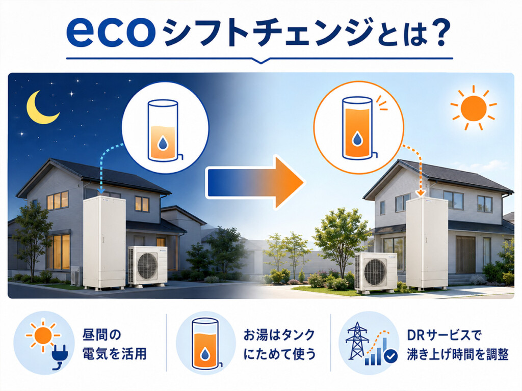 ecoシフトチェンジでエコキュートの沸き上げを昼間へシフトする仕組みを説明した図解