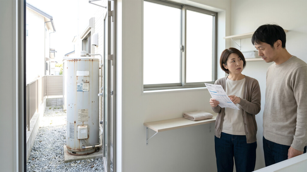 屋外の古い電気温水器と電気料金の明細を見ながらエコキュート交換を考えているイメージ