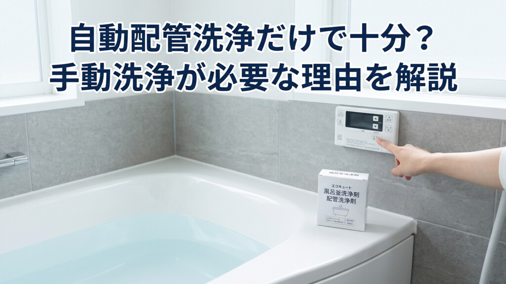 エコキュートの浴室リモコンと配管洗浄剤から自動洗浄と手動洗浄を考えるイメージ