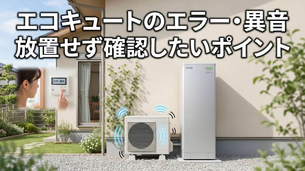 エコキュートのエラー表示や異音を確認するポイントを伝えるイメージ
