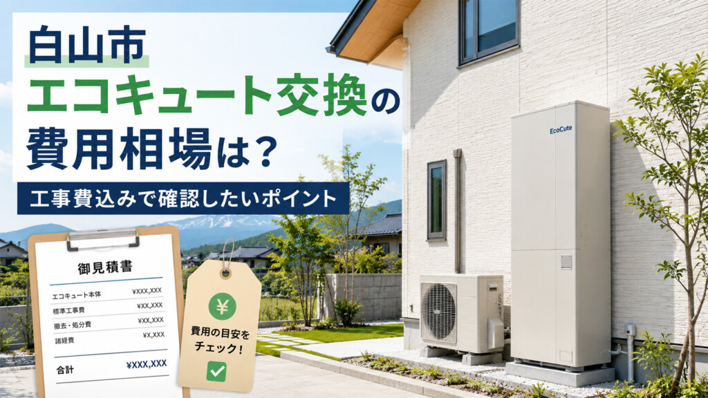 白山市でエコキュート交換の費用相場と工事費込みの確認ポイントを説明するイメージ
