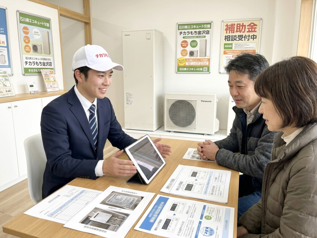 チカラもち金沢店のスタッフがお客様にエコキュートの設定や交換時期を説明している相談シーン