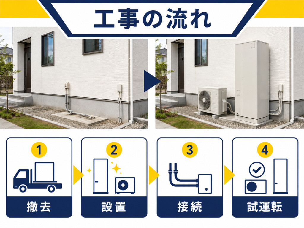 エコキュート交換工事の撤去から設置、接続、試運転までの流れを示した図解