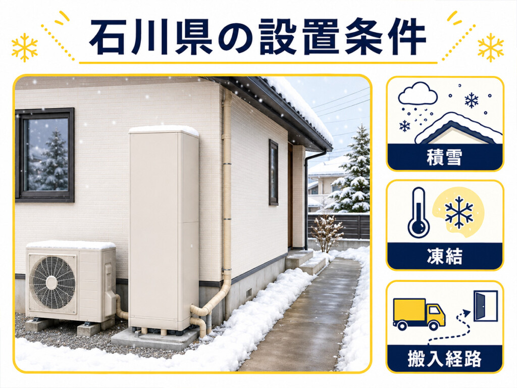 石川県でエコキュート交換時に確認したい積雪や凍結、搬入経路などの設置条件を示す図解